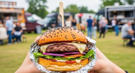 Delicious gourmet burger food truck festival outdoor dining vibrant atmosphere close-up culinary experience