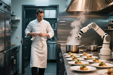 Chef watches robotic arm cook and plate gourmet dishes in a high-tech kitchen. Concept of AI in gastronomy, food automation, and the future of culinary professions.