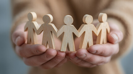 Close-Up Shot of Hands Holding Wooden Figures Symbolizing Unity and Collaboration in a Business Environment