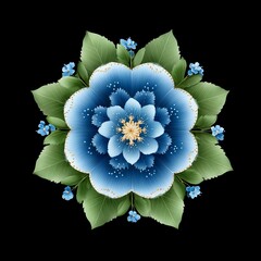 Vibrant blue floral design with lush green leaves.