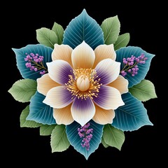 Vibrant floral design with leaves and blossoms.