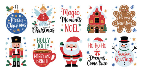 New Year and Christmas Lettering Collection – Colorful Festive Calligraphy Set with Happy Holidays, Let It Snow and Seasonal Greetings – Vector Illustration Bundle for Winter Designs

