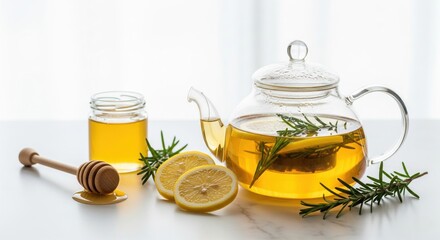 Lemon, Honey, and Rosemary Tea. A clear glass teapot filled with hot tea, lemon slices, and sprigs of rosemary sits on a white marble surface. 