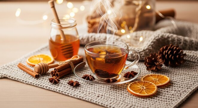 Lemon, Honey, and Rosemary Tea. A clear glass teapot filled with hot tea, lemon slices, and sprigs of rosemary sits on a white marble surface.  - Powered by Adobe