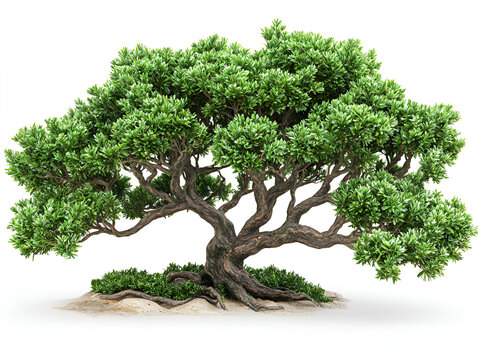 Lush, ancient bonsai tree with exposed roots, isolated on white.