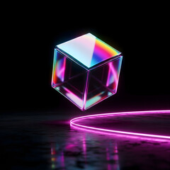 A glowing, holographic cube with a pink neon light trail swirling around it. An abstract and futuristic technology background.