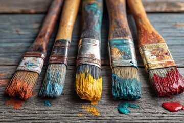 Fototapeta premium Top down flat lay of paint brushes with vibrant paint smears on white wooden table, realistic artistic texture showing creative painter workspace and clean minimal background