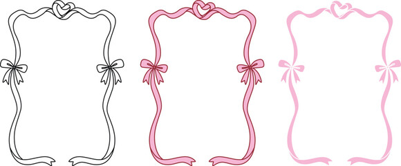 Hand drawn bow ribbon square frame with editable stroke thickness for wedding, valentines card and so on. Vector illustration.	
