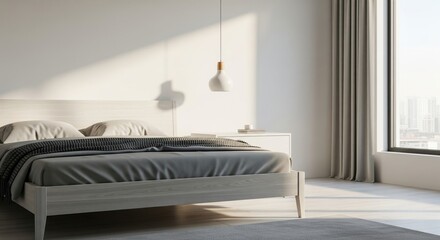 Serene Minimalist Bedroom with Natural Light. A bright and airy bedroom featuring a minimalist design. A light wood platform bed is the focal point, dressed with white linens and a soft grey blanket. 