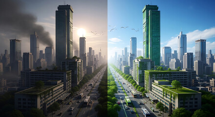 City Transformation A Tale of Two Skylines - Before Pollution and After Eco-Friendly Initiative