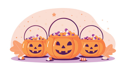 Three pumpkin buckets filled with candy for halloween celebration illustration design vector art 100