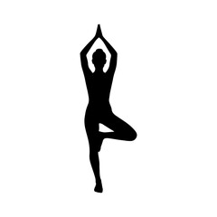 Fototapeta premium Black Silhouette of a Woman in Tree Yoga Pose on White Background