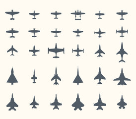 Top view silhouettes of historic and modern military aircraft in black on white background.