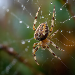Close Up of a Spider Spinning Its Web in a Garden with Dew Drops on a Morning