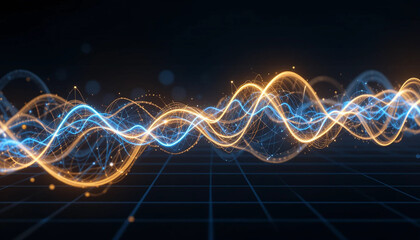 Electric Waveform with Glowing Gold and Blue Currents on a Dark Tech Grid Background