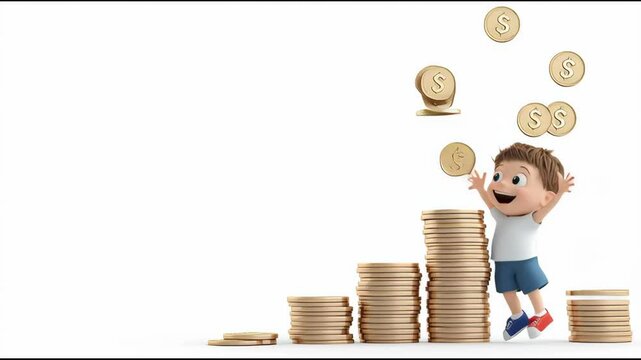Joyful Child Celebrates Financial Growth with Stacks of Coins Playful and Optimistic Scene of Abundance, Excitement, and Happiness