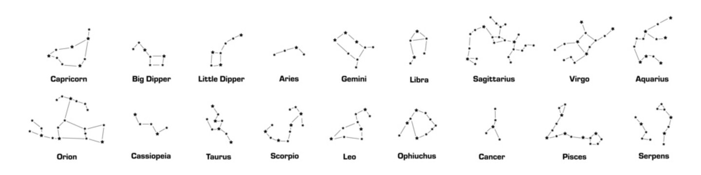 Star constellation vector set. Isolated constellations of stars with names. Stars in night sky.