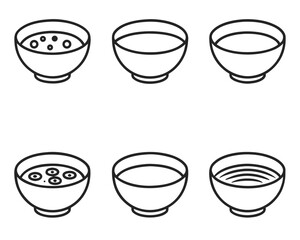 Vector illustration of six different bowls representing soup and various food ingredients..