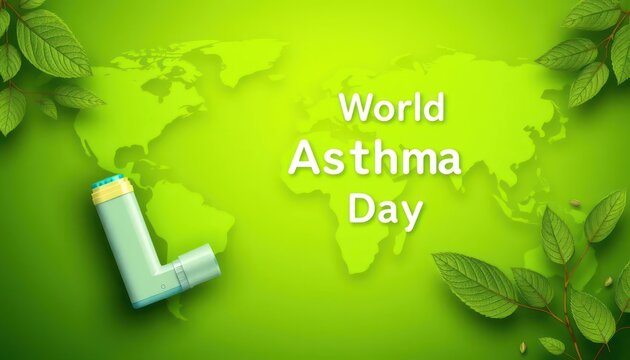 World Asthma Day promotional image with an inhaler and green background