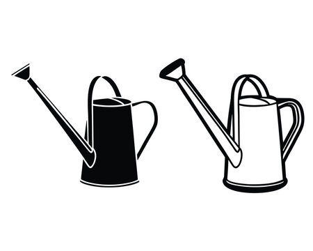 Minimalist vector illustration of two watering cans in contrasting black and white color schemes.