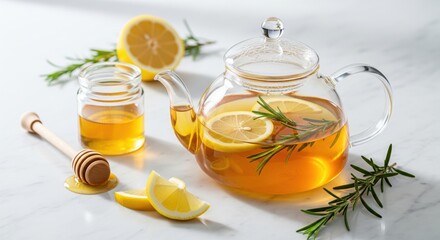 Lemon, Honey, and Rosemary Tea. A clear glass teapot filled with hot tea, lemon slices, and sprigs of rosemary sits on a white marble surface. 