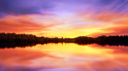 Obraz premium Colorful sunset over calm lake with dramatic sky and forest silhouette reflected in the water