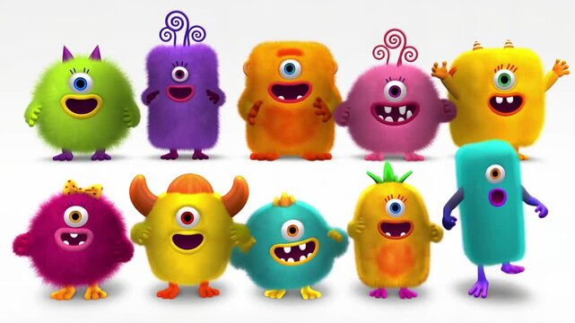 funny cute colorful monsters standing side by side set illustration video