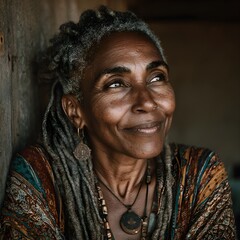 Portrait of a mature woman with dreadlocks looking at the camera with a smile --v 7.0 --s 250