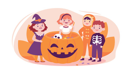 Children dressed in halloween costumes around a large pumpkin filled with candy and a skull