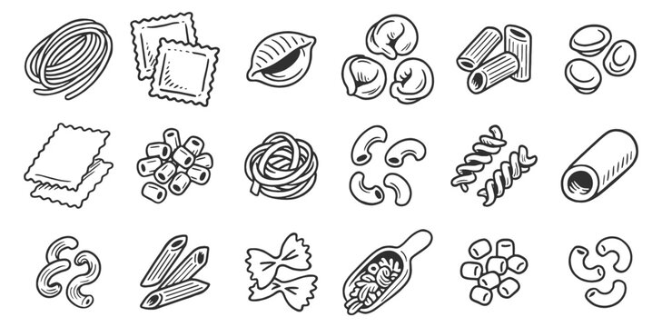 Various pasta types and noodle shapes in traditional Italian cuisine drawn in black line vector illustration set. Includes spaghetti, penne, fusilli, ravioli, tortellini, macaroni and lasagna.