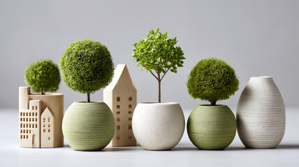 Nature meets art: wooden house and potted plants shape a serene aesthetic space