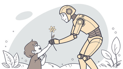 AI Robot Gifting a Flower to a Child – Emotional Artificial Intelligence Vector for Future Ethics Projects