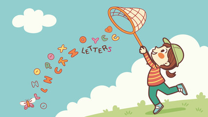 Student Catching Falling Alphabets with a Net – Literacy & Learning Motivation Vector