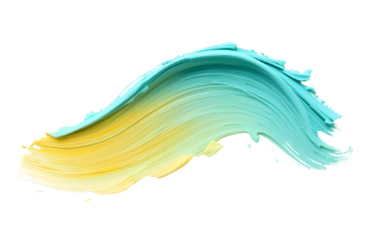 Single paint stroke shaped like a wave crest, flowing in layered pastel turquoise and lemon yellow with a soft matte texture, isolated high-resolution abstract PNG on a clean white background