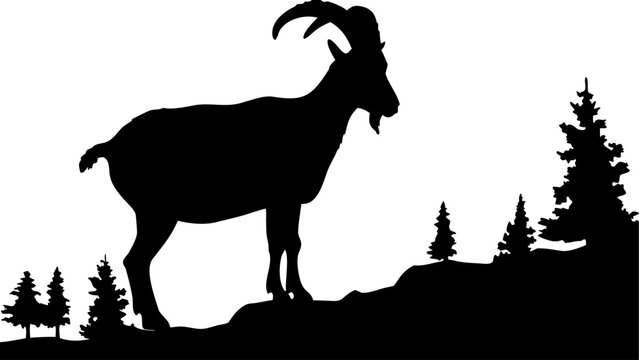 Silhouette of an ibex with large horns standing on a hill surrounded by coniferous trees in black and white