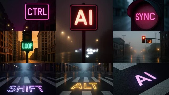 Futuristic AI-powered city with glowing tech signs like CTRL, AI, ALT, SHIFT, LOOP. Empty streets evoke a world ruled by artificial intelligence. Cold, neon, post-human atmosphere with AI. Collage    