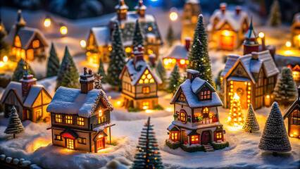 A miniature christmas village scene with snow covered houses and christmas trees illuminated by lights