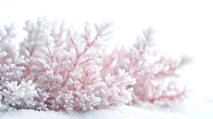 Delicate, frosted, pink-tinged plants against a soft, white background, creating a serene atmosphere.