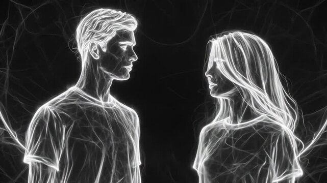 Glowing line art of a couple in casual pose