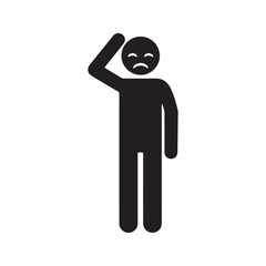 Confused stick figure icon scratching head, pictogram representing worry, stress, and frustration.
