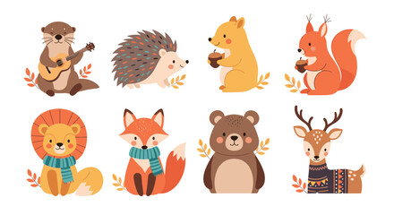 Charming pixel art forest creatures collection celebrating autumn vibes adorable woodland animals gathering acorns and wearing cozy scarves
