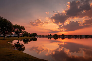 Obraz premium breathtaking summer sunset captures essence of warm evening where golden sunlight streams through fluffy clouds