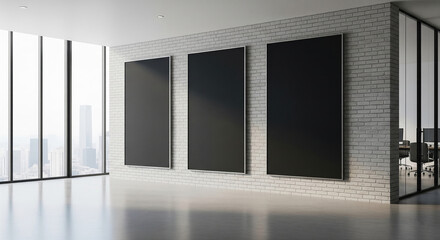 Three blank black frames on a white brick wall in a modern office, showcasing ample free space for advertisement or text, overlooking a cityscape