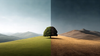 The conflict between drought and green reflects global warming and climate change. The ecology of the Earth, global warming, dramatic environmental change