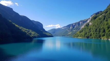 A beautiful lake surrounded by mountains with a clear blue sky