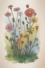 Obraz premium A watercolor painting of colorful flowers and plants in a garden setting, showcasing a vintage aesthetic 