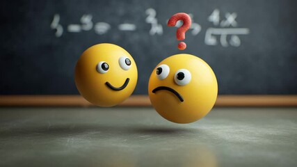 Two colorful emoji faces, one smiling and one confused, are positioned in front of a chalkboard with mathematical equations, illustrating the contrast between happiness and uncertainty in learning