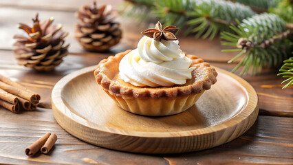 A festive dessert tart with whipped cream and star anise on a wooden plate with cinnamon sticks