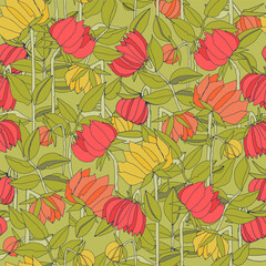 Seamless pattern with hand drawn meadow bold flowers. Colorful illustrations on blue background for surface design and other design projects