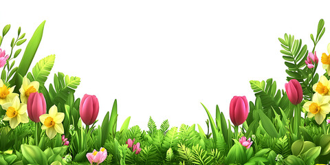 Illustration of a vibrant spring meadow with pink tulips, yellow daffodils, green grass, and various leaves against a white background.